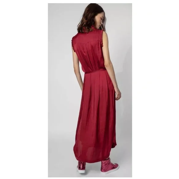 Zadig & Voltaire Feminine Lightweight Raos Satin Ruffle Midi Dress In Wine XS - Picture 6 of 16